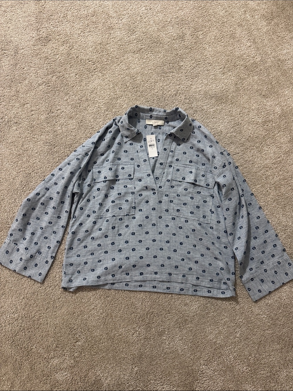 LOFT Gray Pullover Blouse with Navy Dot Print